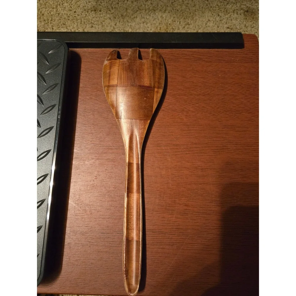 Vintage Woven Wood Salad Fork Serving Utensil Parquet Pattern Brown Handcrafted